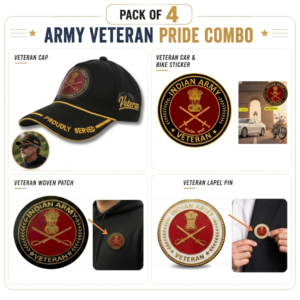 Indian Army Proudly Veteran Cap, Stickers, Patch & Pin Combo Pack