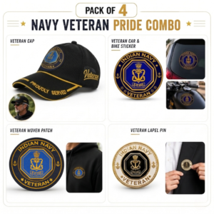 Indian Navy Proudly Veteran Cap, Stickers, Patch & Pin Combo Pack