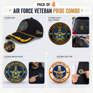 Indian Air Force Officer Veteran Cap, Stickers, Patch & Pin Combo Pack