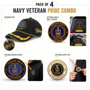 Indian Navy Officer Veteran Cap, Stickers, Patch & Pin Combo Pack