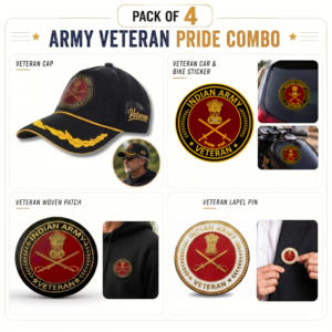 Indian Army Officer Veteran Cap, Stickers, Patch & Pin Combo Pack
